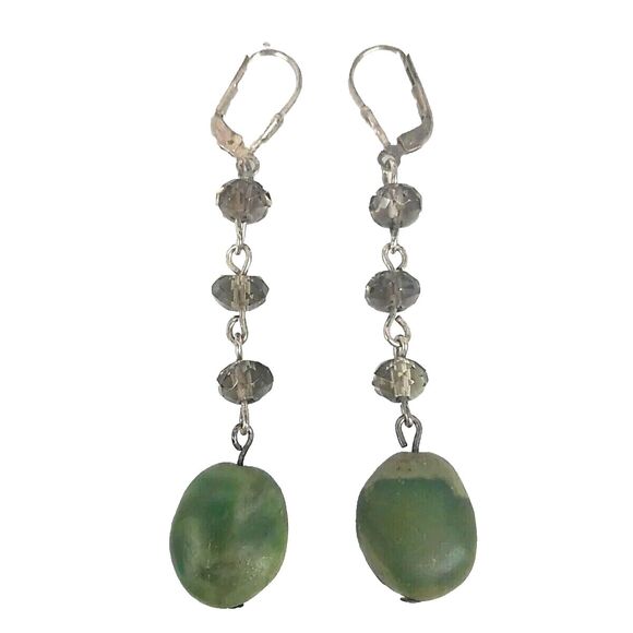 Sterling Silver Green Turquoise Oval Gemstone Beaded Dangle Leverback Earrings - Picture 1 of 3